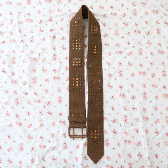 Y2K Brown Studded Canvas Belt Gold Hardware - Picture 1 of 3